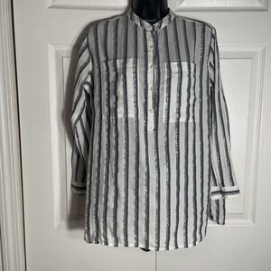 J Crew Metallic Striped Popover Shirt Women 0 White Silver Pockets Lightweight